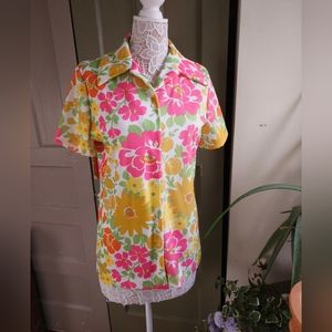 1960s Vintage Deadstock NWT Flower Power Yellow Pink Button-Down Blouse Top M